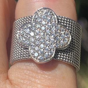 Beautiful Extra Wide Mesh Quatrefoil Ring Sterling Silver 925 N Designer CZ 8.5-8.75