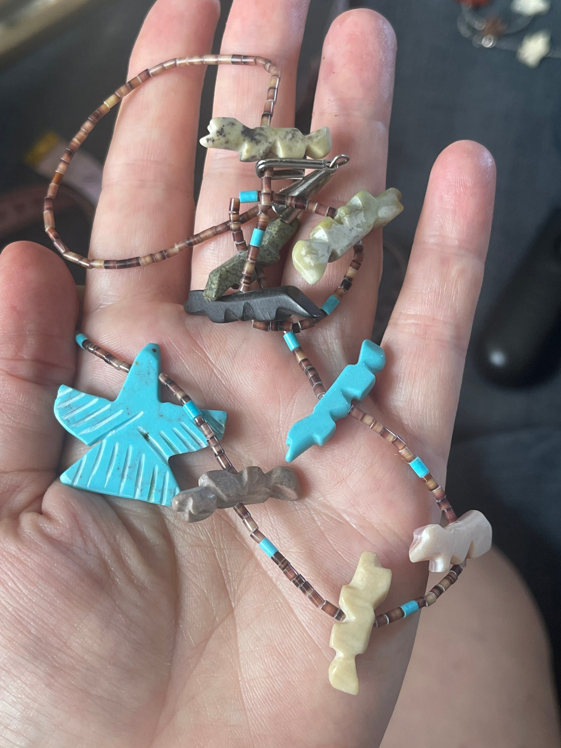 Vintage Zuni Fetish Animals Necklace Turquoise Thunderbird
