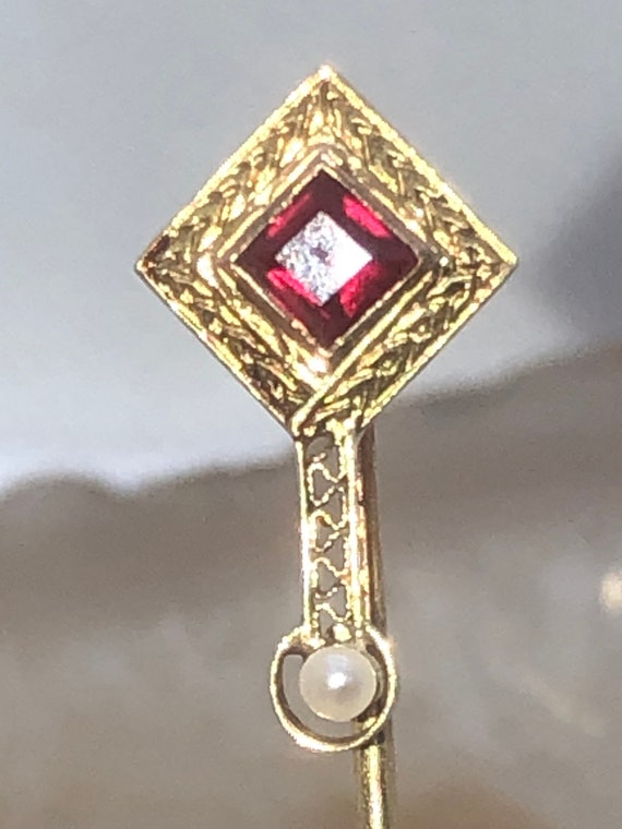 Victorian Antique 14 K Ruby Seed Pearl Stick Pin … - image 6