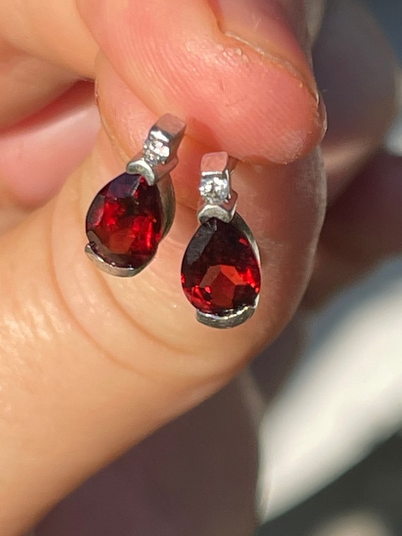 Vintage Garnet/ Diamond Gemstone Stud Earrings  S… - image 2