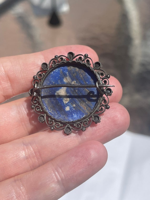 Big Antique Victorian 800 Silver Lapis Lazuli Gem… - image 6