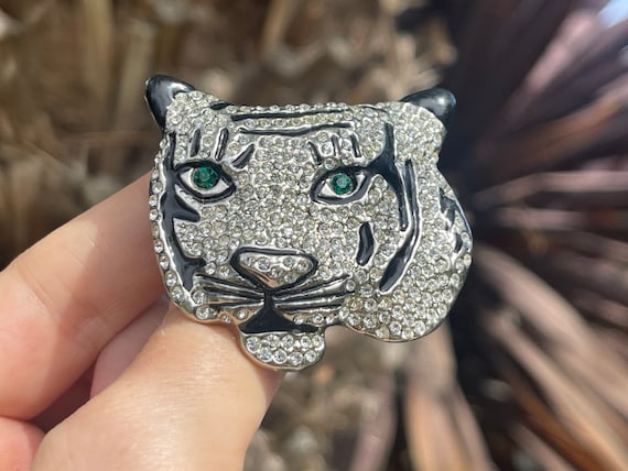 Big Vintage White Tiger Crystal Brooch Costume Gr… - image 8