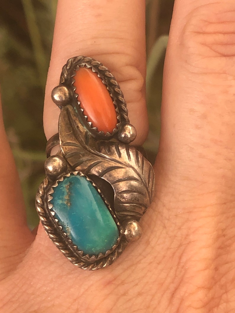 Gorgeous Native American Indian turquoise and red coral gemstone ring sterling silver size 5 Southwestern