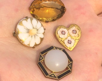 Victorian Edwardian Gold Fill Brooch Pins  Lot Antique Czechoslovakia Amber Glass Hand Painted Seed Pearls Enamel Art Deco Very Old C Clasps