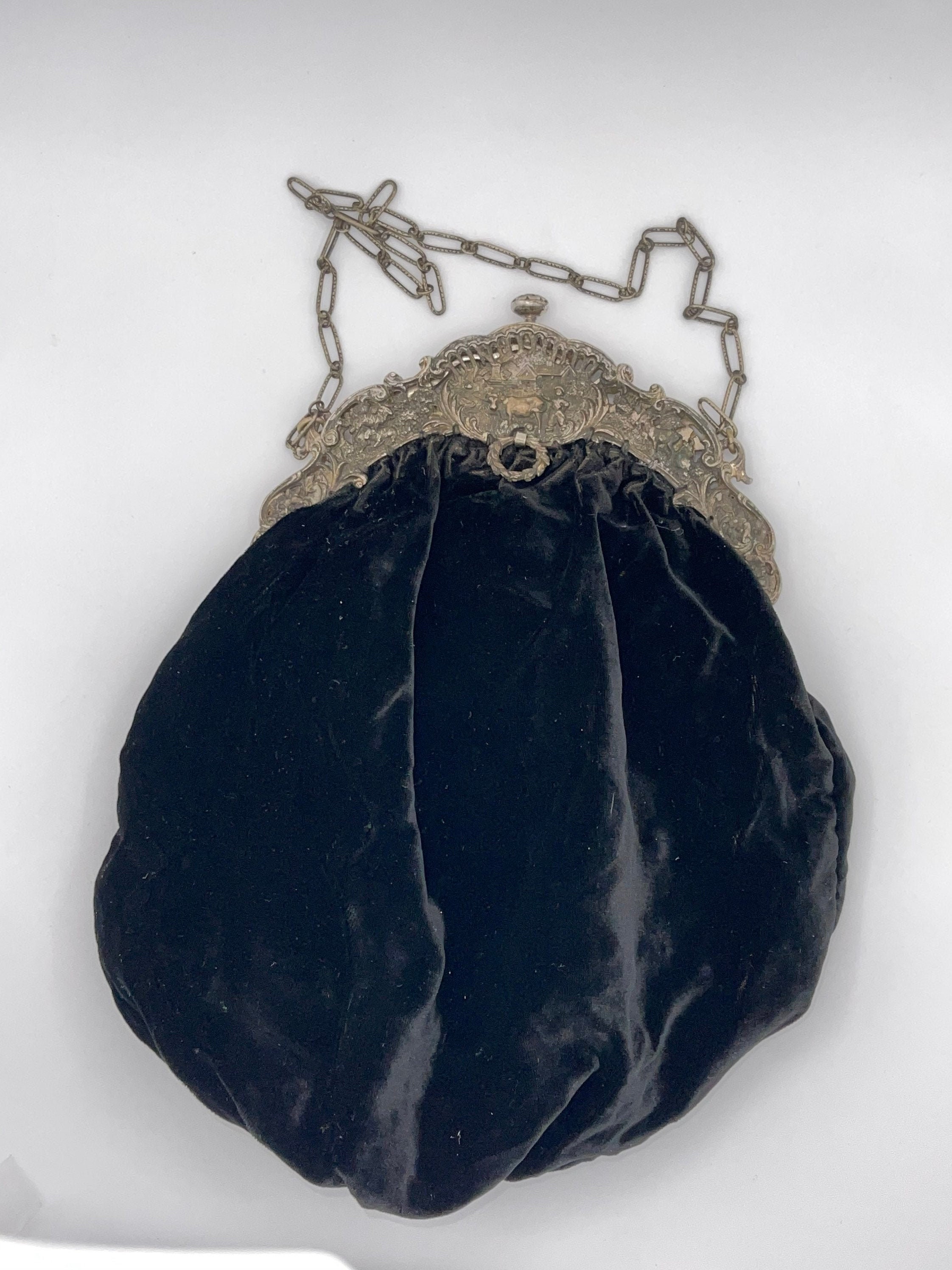 Victorian 1800s Black Velvet Hand Bag Silver Metal Frame Etsy France