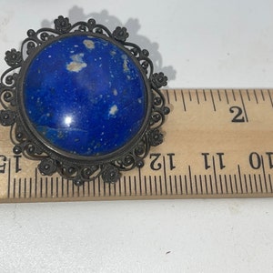 Big Antique Victorian 800 Silver Lapis Lazuli Gemstone filigree Brooch Rare