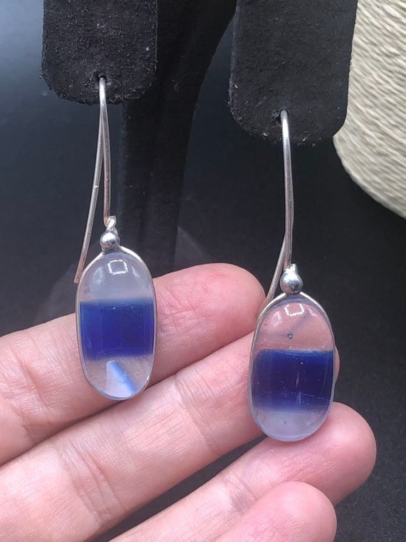 Vintage clear and cobalt blue glass earrings sterl