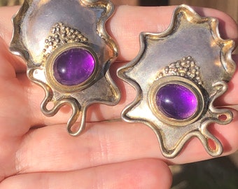 Vintage designers William and Shellie Sterling silver amethyst modernist brutalist earrings clip on stunning abstract very rare!! Unique