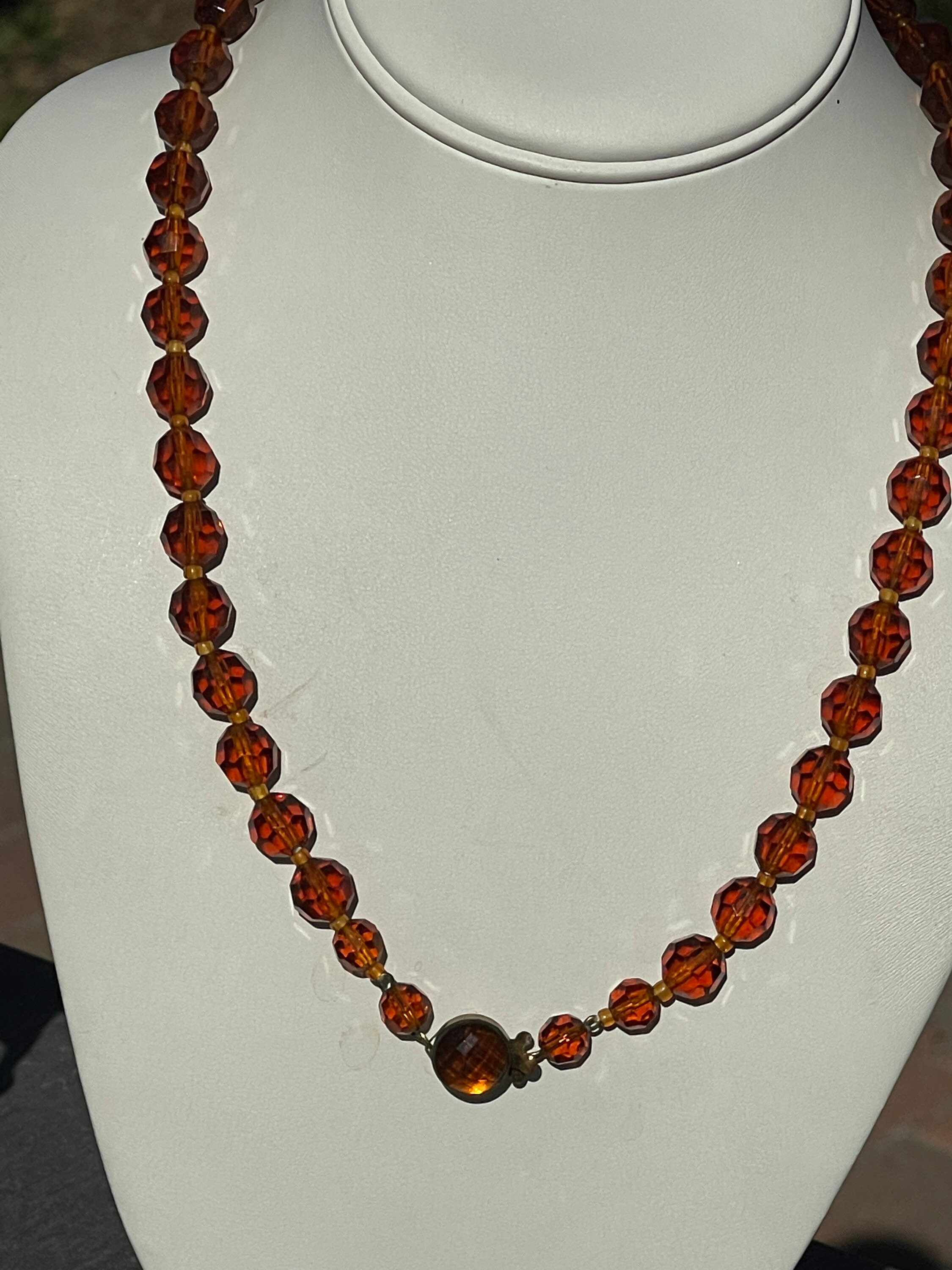 Collier Vintage 2 Rangs Années 50/60 - Perles En Verre Ambré Et Pâte De Verre - Occasion