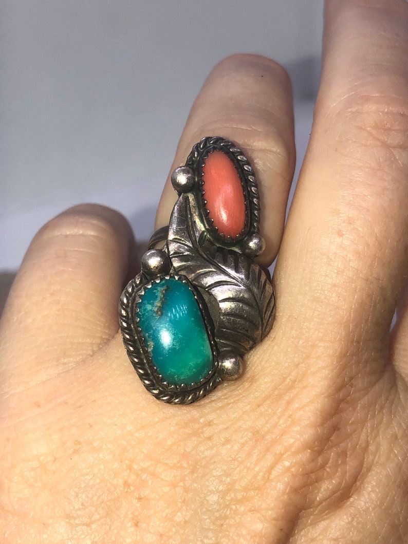 Gorgeous Native American Indian turquoise and red coral gemstone ring sterling silver size 5 Southwestern