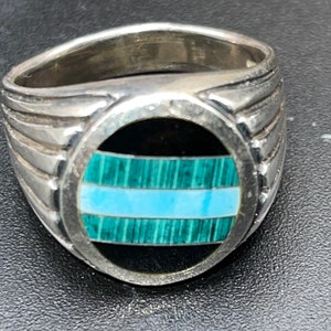 Big Vintage Southwestern Ring Inlaid Black Onyx Malachite Turquoise Gemstone Sterling Silver 925 Men&#39;s Ring Size 13
