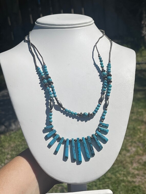 Vintage Two Strand Graduated Rectangular Turquois… - image 7