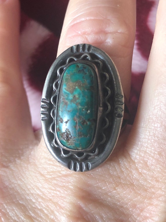 Vintage Green Turquoise & Sterling Silver Ring - … - image 1