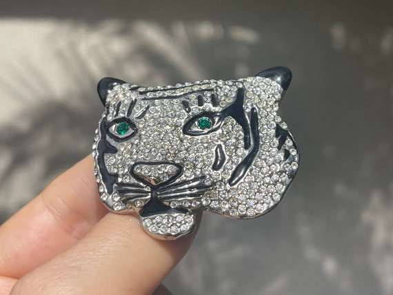 Big Vintage White Tiger Crystal Brooch Costume Gr… - image 9