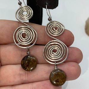 Vintage Swirl Earrings with Genuine Gemstone - Abstract Long Dangles