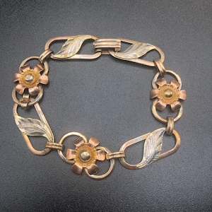 Antique vintage Van Dell Sterling silver and 12 kt gf gold floral link bracelet