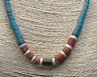 Nice turquoise, as read Sponge coral, heishi shell, brass beaded necklace men’s or women’s Southwestern