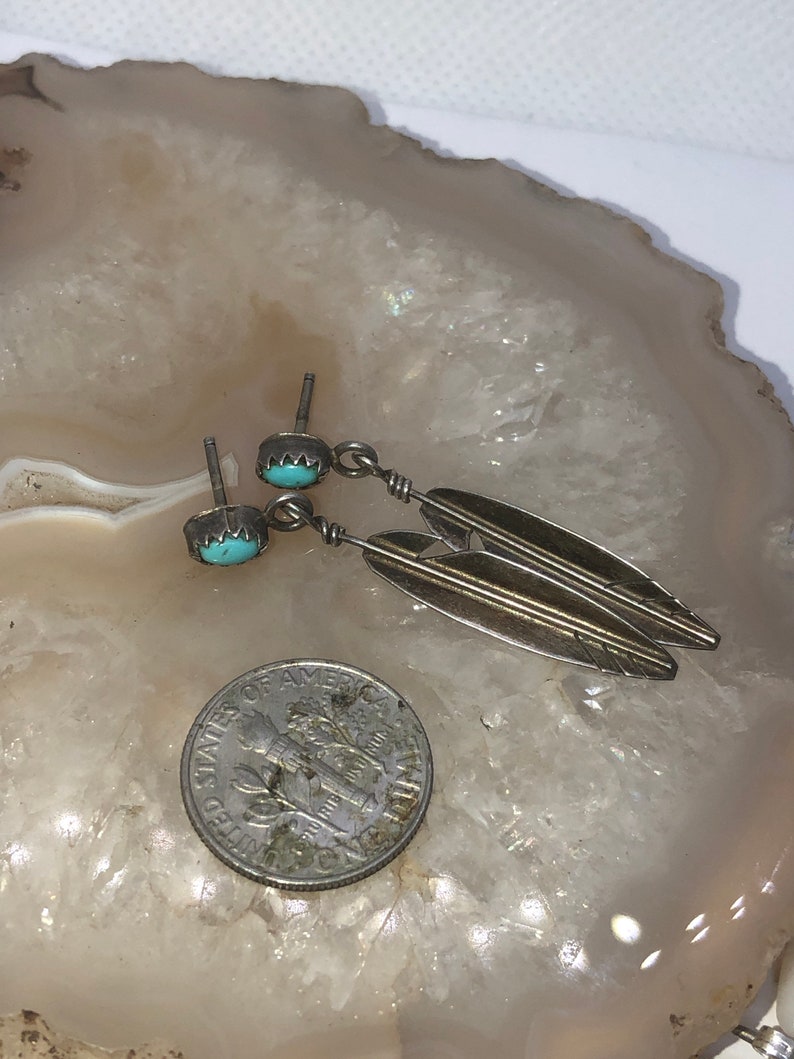Vintage Native American Indian sterling silver turquoise feather earrings dangling southwestern super cute free shipping!