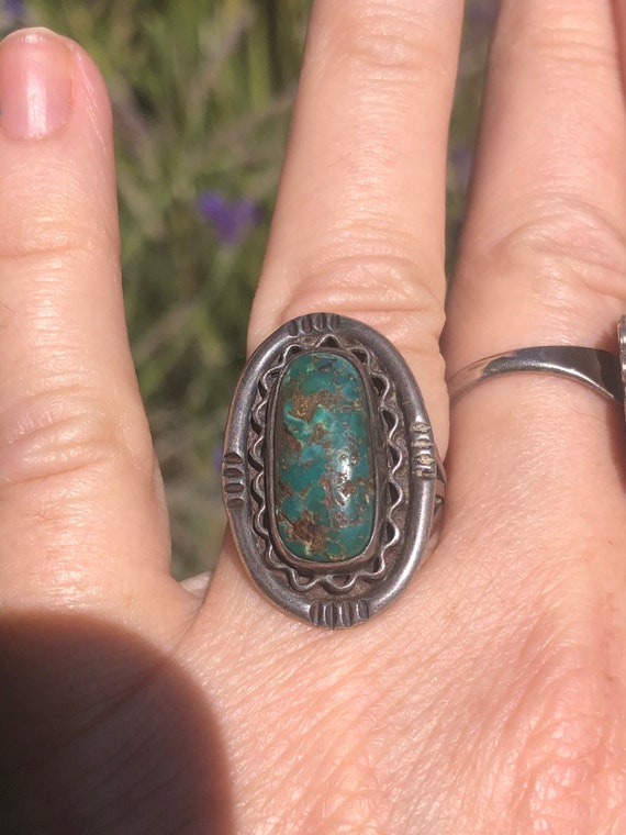 Vintage Green Turquoise & Sterling Silver Ring - … - image 2