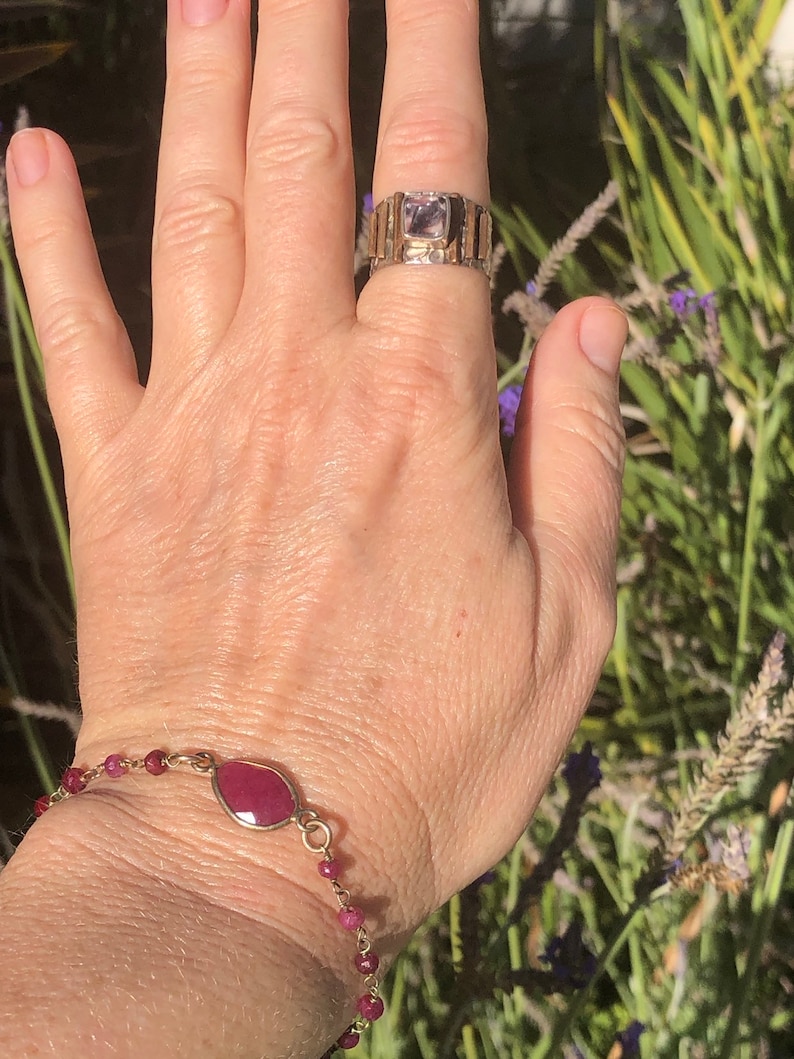 Vintage amethyst sterling silver copper ring abstract modernist pyramid gemstone unusual size 8