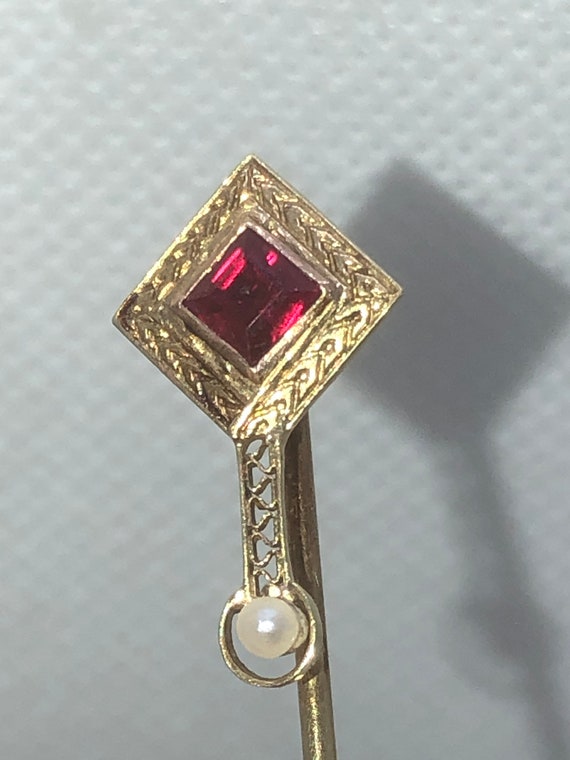 Victorian Antique 14 K Ruby Seed Pearl Stick Pin S