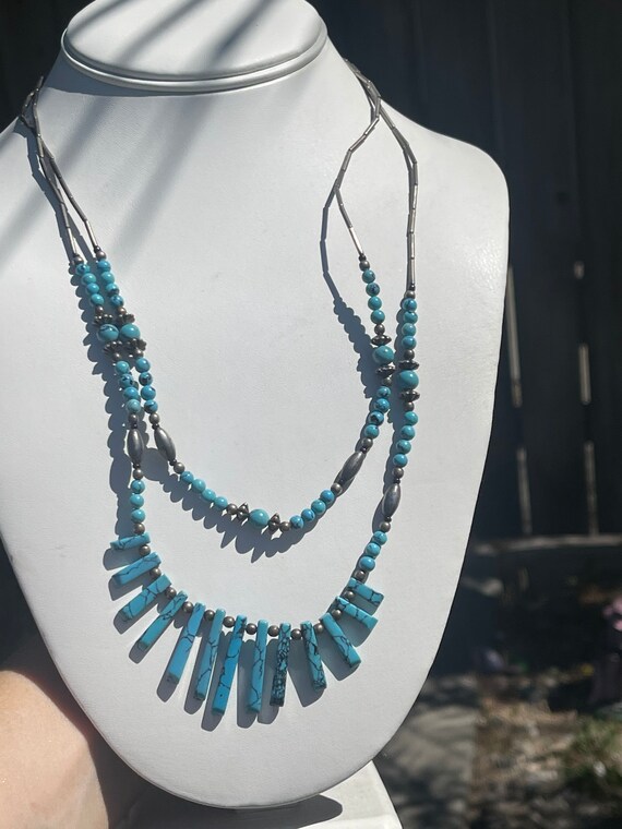 Vintage Two Strand Graduated Rectangular Turquois… - image 3