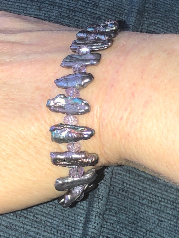 Vintage Baroque Black / Purple Pearl Beads Bracelet Sterling