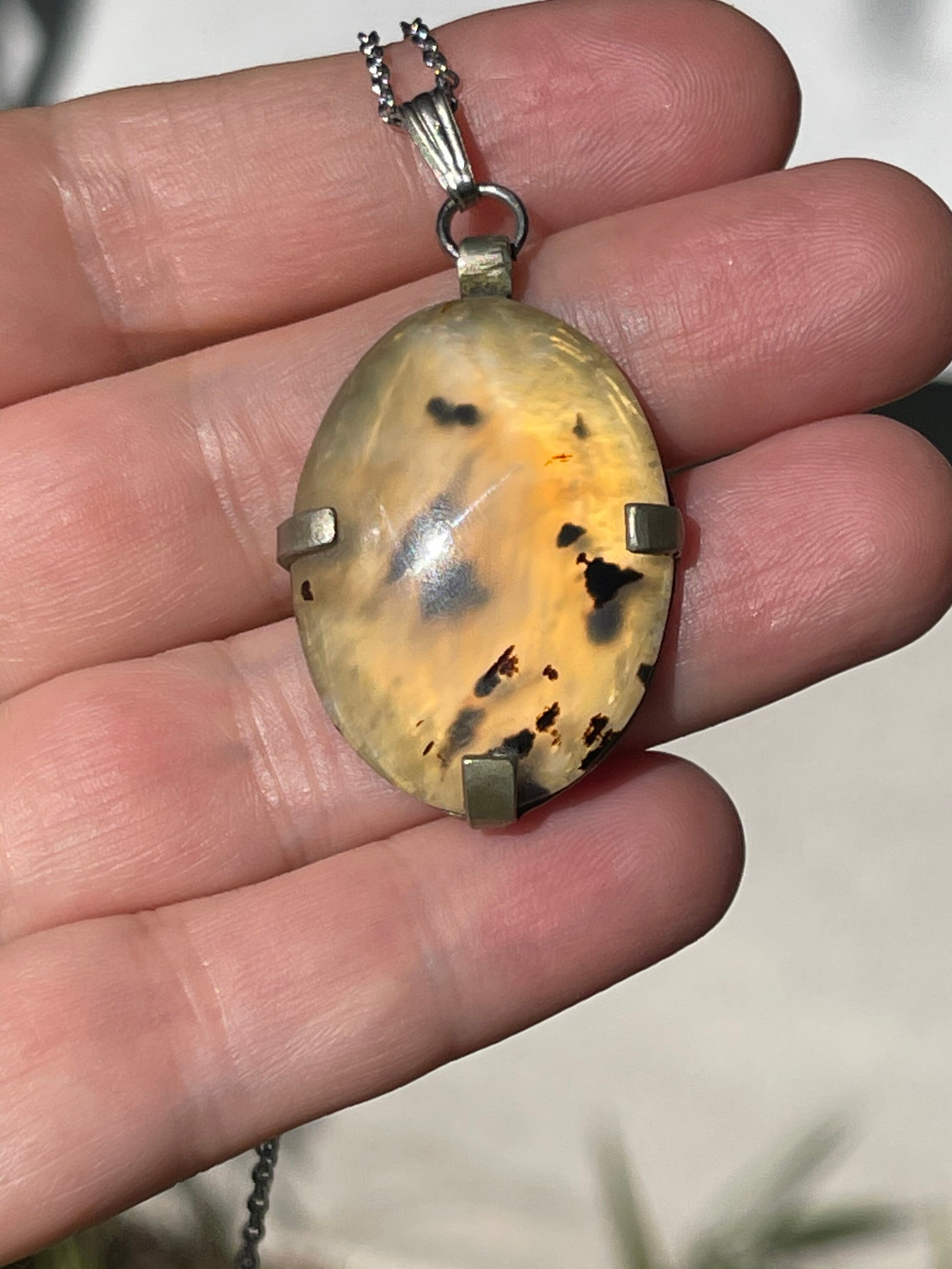 Vintage- Antique Dendritic Agate Gemstone Pendant Necklace + Sterling Silver Chain