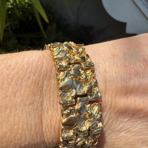 Vintage Gold-Plated Nugget Link Bracelet – Unisex, 7.5” Long x 0.75” Wide
