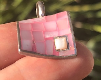 Unusual Vintage abstract square Checkerboard mother of pearl shell pendant 4 necklace unusual modernist Sterling silver 925 Asymmetrical