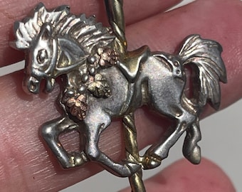Vintage Carousel Merry Go Round Horse Pendant Necklace Sterling Silver & Black Hills Gold