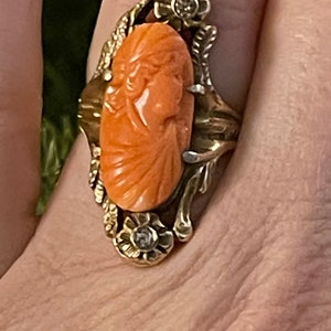 Anillo antiguo victoriano con camafeo de coral tallado - Diamantes auténticos talla rosa - Oro amarillo macizo de 10 quilates, talla 5 imagen 8