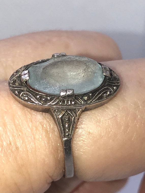 Antique Victorian Art Deco Silver & Aquamarine Ri… - image 2