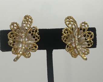 Vintage Designer BSK Floral Leaf Gold Tone Clip Earrings Rhinestones + Enamel