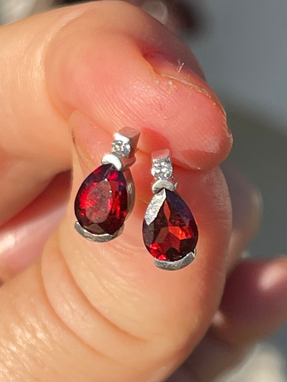Vintage Garnet/ Diamond Gemstone Stud Earrings  S… - image 1