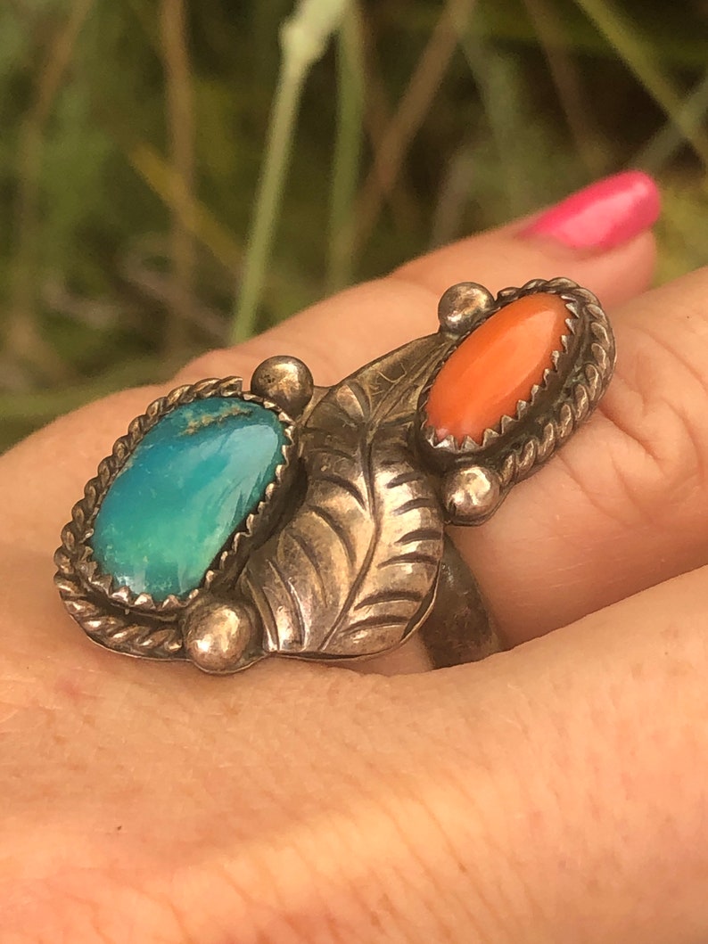 Gorgeous Native American Indian turquoise and red coral gemstone ring sterling silver size 5 Southwestern