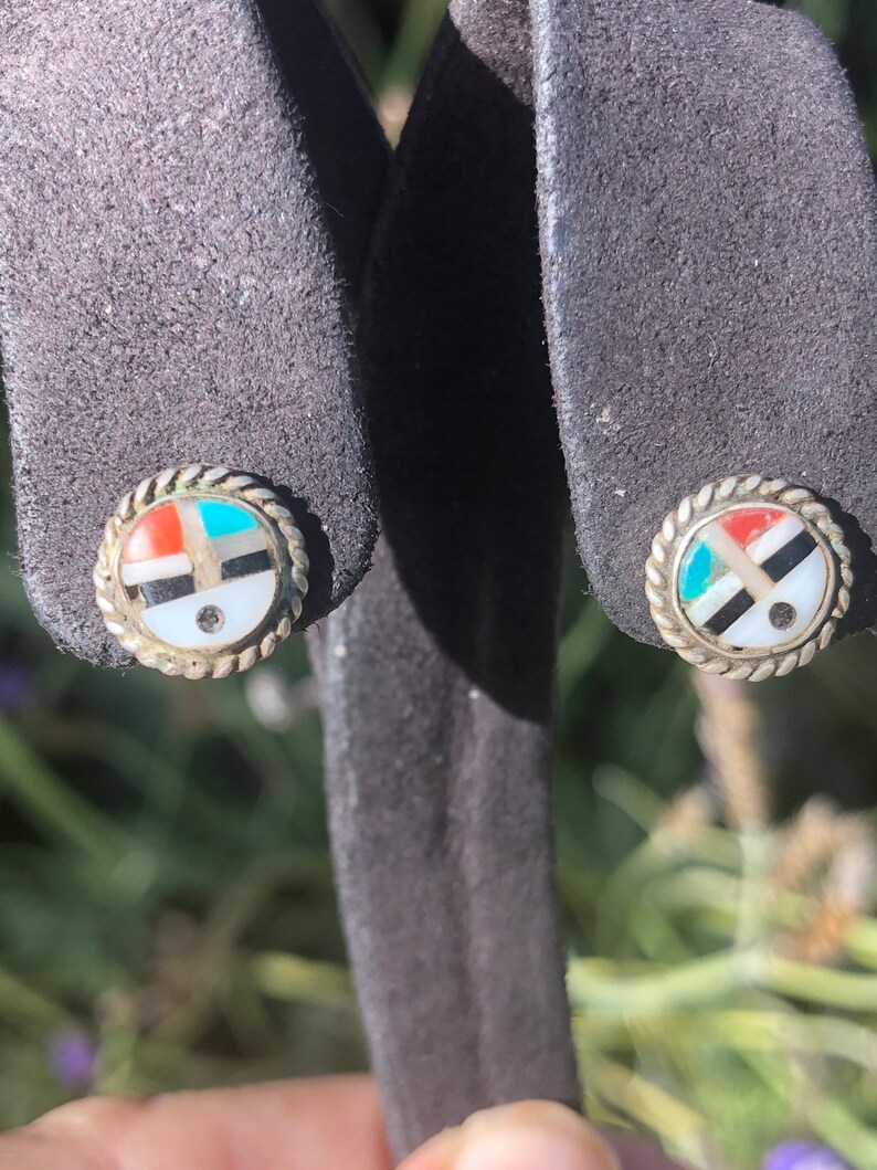 Vintage Zuni earrings inlaid MOP red coral turquoise Black onyx Native American Indian Southwestern Sterling silver 925 studs