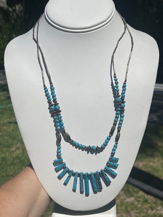 Vintage Two Strand Graduated Rectangular Turquois… - image 9
