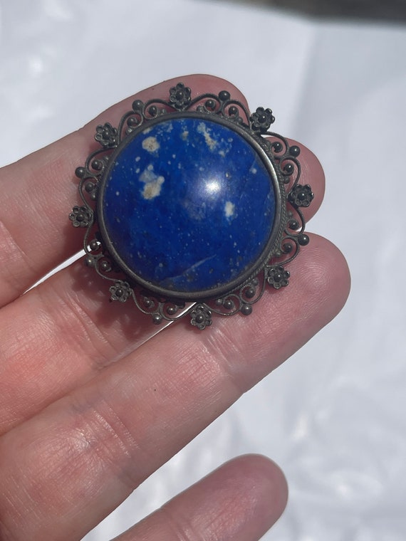 Big Antique Victorian 800 Silver Lapis Lazuli Gem… - image 4