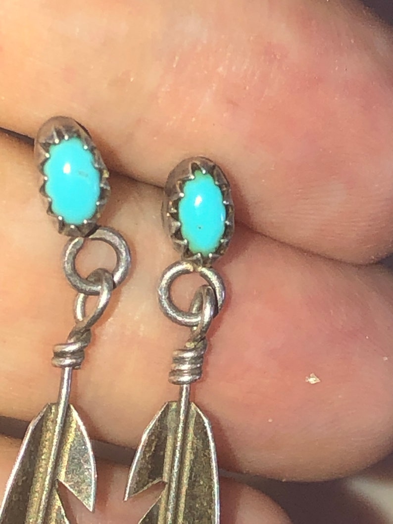 Vintage Native American Indian sterling silver turquoise feather earrings dangling southwestern super cute free shipping!