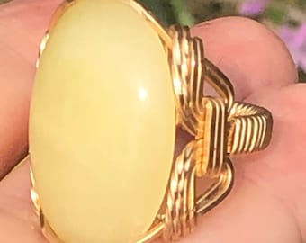Huge lemon quartz? Gemstone wire wrapped 14kt gold filled ring scarab Egyptian revival size 7