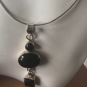Vintage Black onyx long dangle pendant geometric sterling silver 925 chain necklace abstract