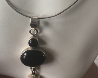 Vintage Black onyx long dangle pendant geometric sterling silver 925 chain necklace abstract