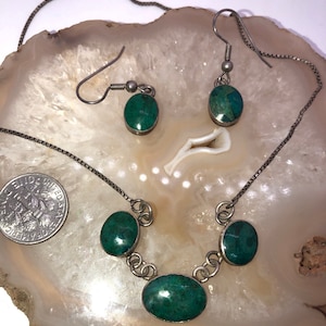 Vintage verde crisocola piedra preciosa collar y pendiente conjunto plata de ley 925 vintage suroeste