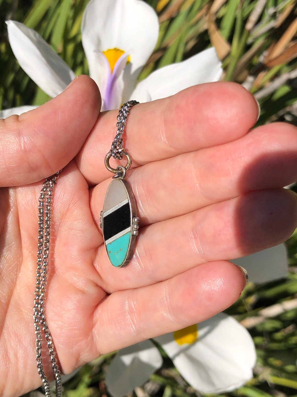 Vintage Native American Indian Turquoise Inlaid Sterling Silver