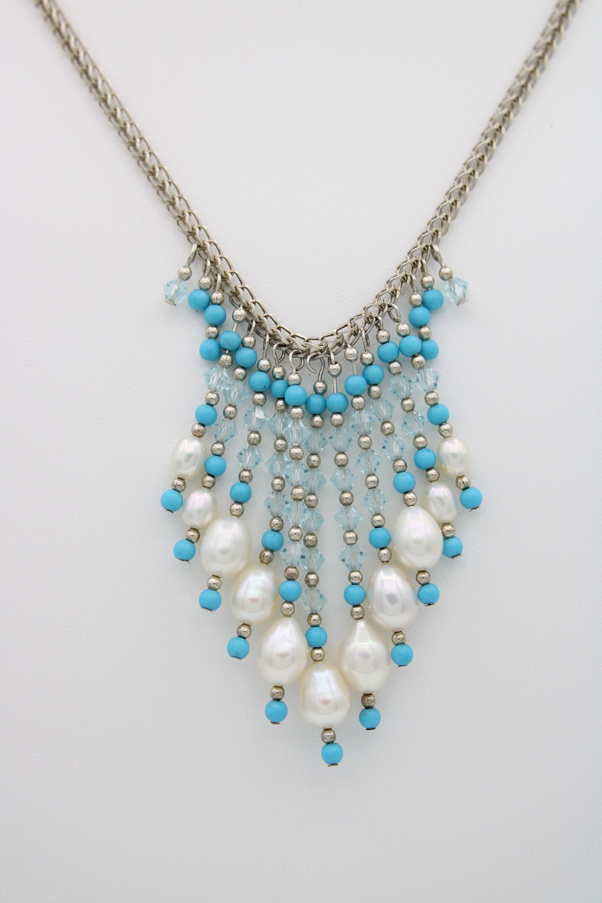 Vintage Genuine White Pearl Bib Necklace With Crystal  White Pearl & crystal bib necklace vintage . main image 0