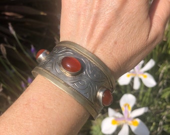 Turkmenistan ethnic vintage cuff bracelet silver brass carnelian gemstone Tekke nice quality Turkmen