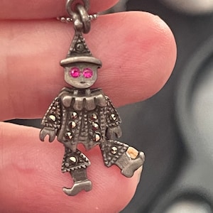 Antique Vintage Clown - Articulated Moving Limbs Sterling Silver Pendant Marcasites & Pink Eyes Cute Gift
