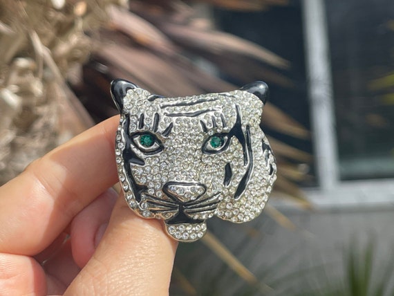 Big Vintage White Tiger Crystal Brooch Costume Gr… - image 3