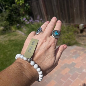 Lovely White Buffalo/ White Turquoise Ball Beaded Stretch Designer Bracelet Peyote Bird Sterling Silver
